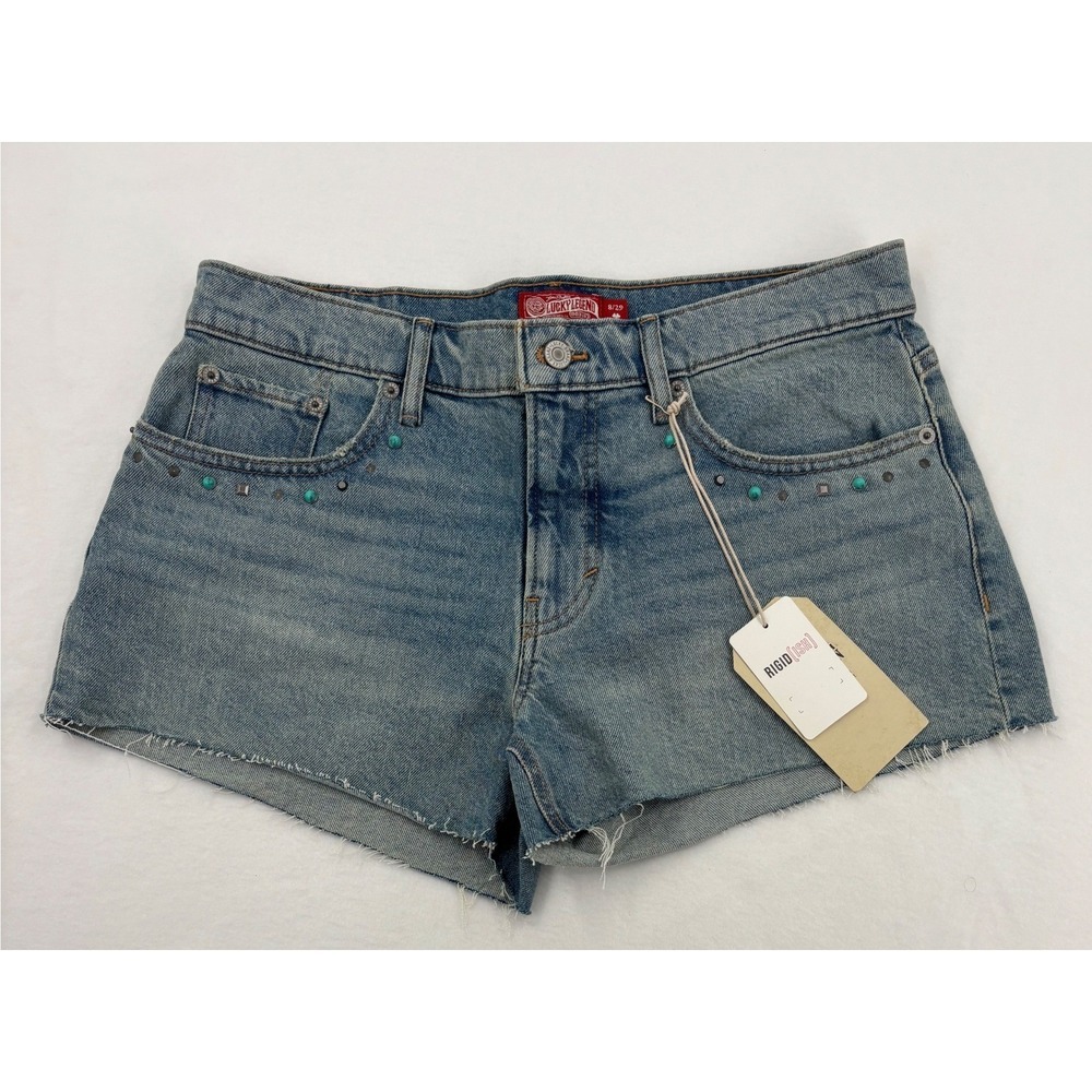 Lucky Brand Mid Rise Festival Short Womens Size 8 Blue Studded Denim Cutoffs